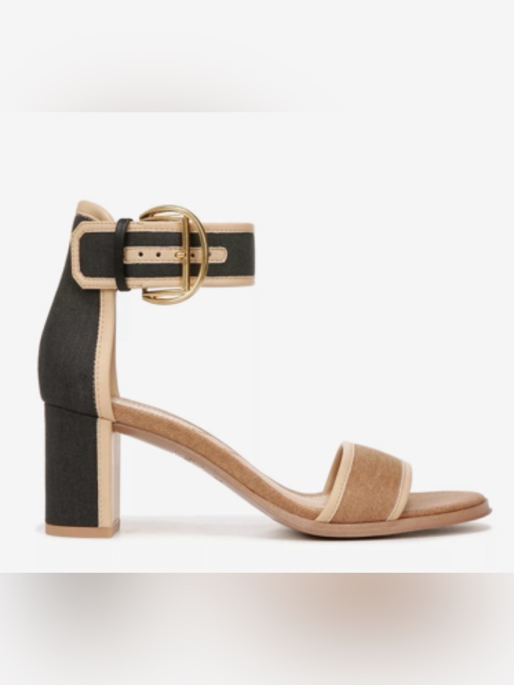 Franco Sarto Two-Tone Block Heel Sandal in Black and Tan